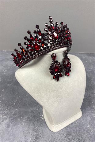 Claret Red Pera Bridal Henna Tiara and Stud Earrings