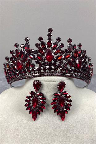 Claret Red Pera Bridal Henna Crown And Stud Earrings