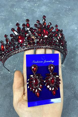 Claret Red Pera Bridal Henna Crown And Stud Earrings