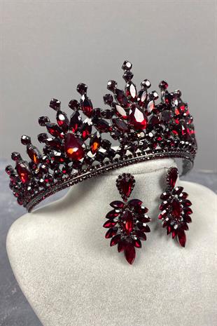 Claret Red Pera Bridal Henna Crown And Stud Earrings