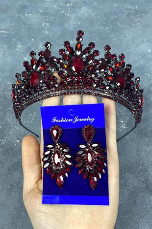 Claret Red Pera Bridal Henna Crown And Stud Earrings