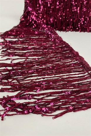 Bordo Pul Payetli Parlak Püskül Saçak Şerit 15 cm 1 mt