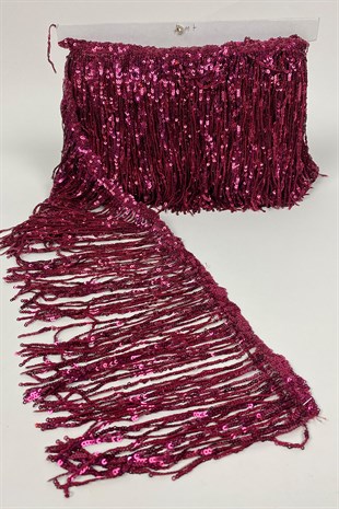 Bordo Pul Payetli Parlak Püskül Saçak Şerit 15 cm 1 mt