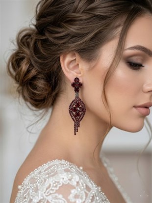 Bordo Rengi Lina Modern Şık Tasarım Gelin Abiye Küpesi