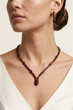 Bordo Renk Parlak Taşlı Kolye Küpe Set Damla Model Gelin Nişan Takı Seti