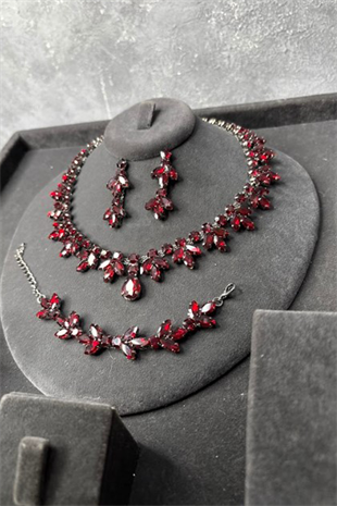 Bordo Renk Vintage Model Taşlı Kolye Küpe Bileklik Set Zarif Şık Abiye Düğün Takı