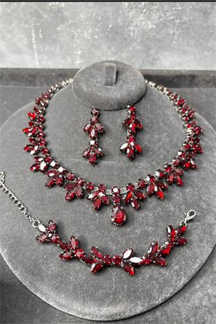 Bordo Renk Vintage Model Taşlı Kolye Küpe Bileklik Set Zarif Şık Abiye Düğün Takı