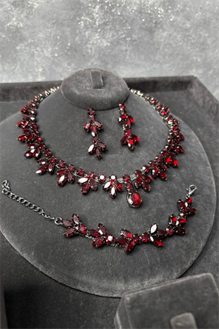 Bordo Renk Vintage Model Taşlı Kolye Küpe Bileklik Set Zarif Şık Abiye Düğün Takı