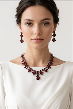 Bordo Renk Vintage Model Taşlı Kolye Küpe Bileklik Set Zarif Şık Abiye Düğün Takı