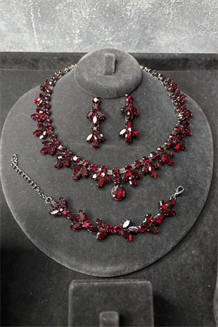 Bordo Renk Vintage Model Taşlı Kolye Küpe Bileklik Set Zarif Şık Abiye Düğün Takı