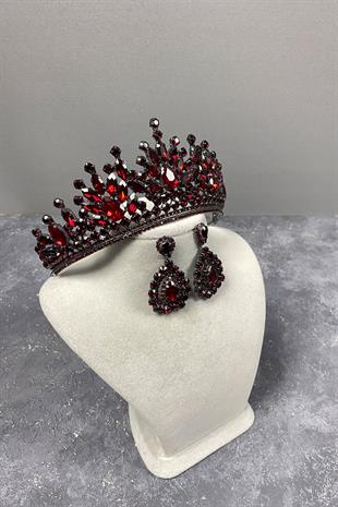 Burgundy Rio Stone Bridal Henna Tiara and Evening Dress Earrings Set