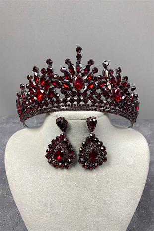 Burgundy Rio Stone Bridal Henna Tiara and Evening Dress Earrings Set