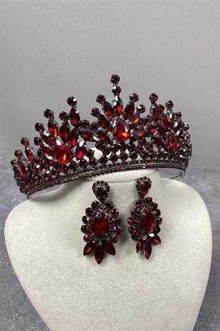 Burgundy Rio Stone Bridal Henna Crown And Shuttle Pattern Earrings