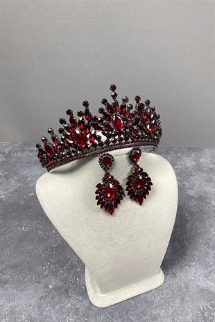 Burgundy Rio Stone Bridal Henna Crown And Stud Stone Earring Set