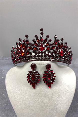 Burgundy Rio Stone Bridal Henna Tiara and Stud Earrings
