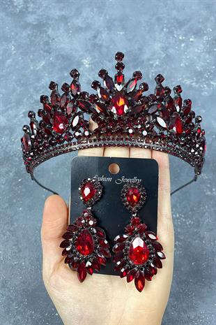 Burgundy Rio Stone Bridal Henna Crown And Stud Stone Earring Set