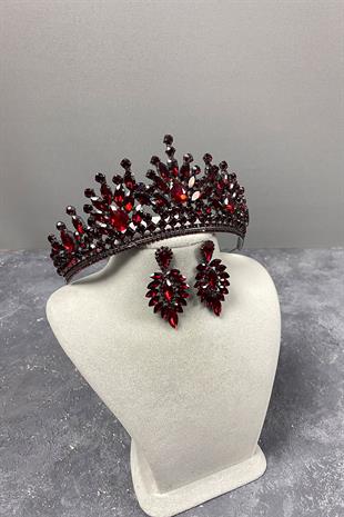 Burgundy Rio Stone Bridal Henna Tiara and Stud Earrings