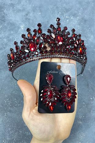 Burgundy Rio Stone Bridal Henna Tiara and Stud Earrings