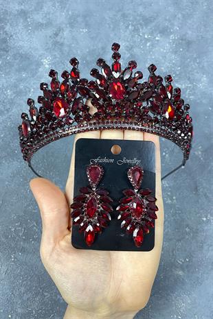 Burgundy Rio Stone Bridal Henna Tiara and Stud Earrings