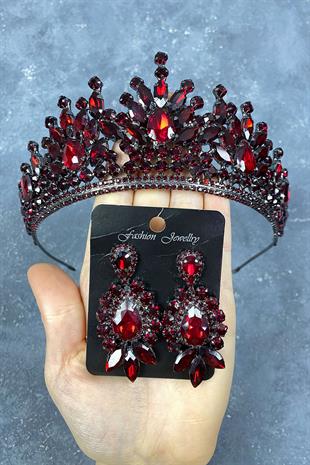 Burgundy Rio Stone Bridal Henna Crown And Shuttle Pattern Earrings