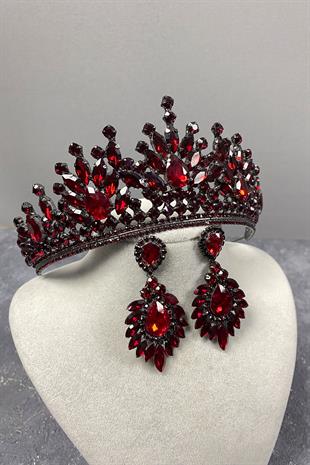 Burgundy Rio Stone Bridal Henna Crown And Stud Stone Earring Set