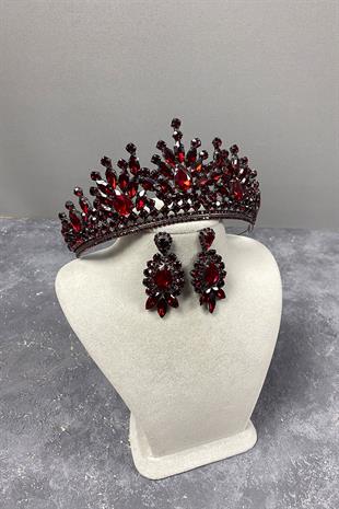 Burgundy Rio Stone Bridal Henna Crown And Shuttle Pattern Earrings