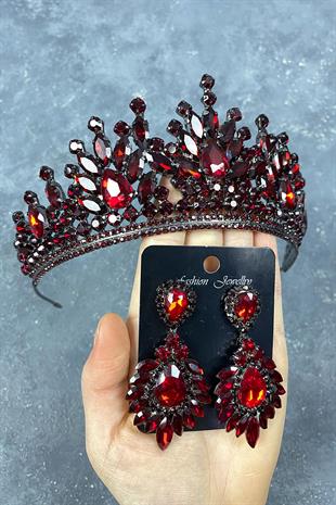 Burgundy Rio Stone Bridal Henna Crown And Stud Stone Earring Set