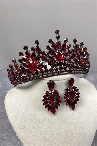 Burgundy Rio Stone Bridal Henna Tiara and Stud Earrings