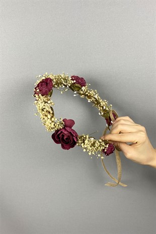 Bordo Şakayık Çiçekli Cipsolu Fiyonklu Dış Çekim Gelin Tacı