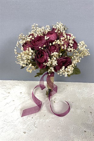 Bordo Şakayık Çiçekli Cipsolu Gelin Buketi Tacı ve Yaka Çiçeği Seti