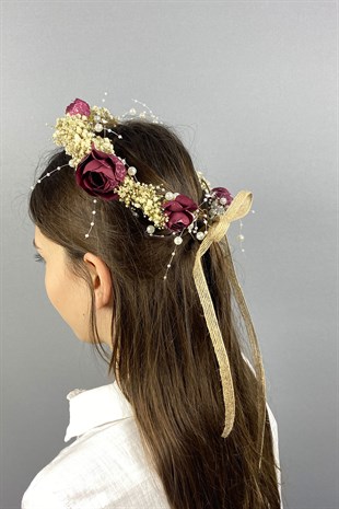 Bordo Şakayık Çiçekli Cipsolu İncili Fiyonklu Dış Çekim Gelin Tacı