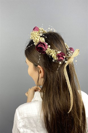 Bordo Şakayık Çiçekli Cipsolu İncili Fiyonklu Dış Çekim Gelin Tacı