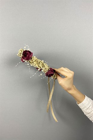 Bordo Şakayık Çiçekli Cipsolu İncili Fiyonklu Dış Çekim Gelin Tacı