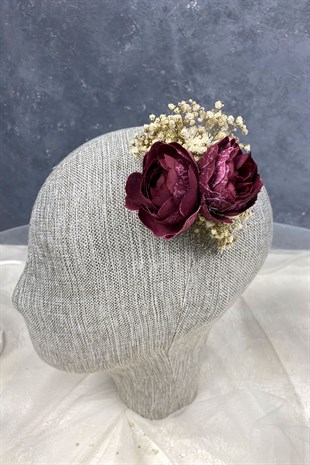 Bordo Şakayık Çiçekli Cipsolu Taraklı Saç Tokası