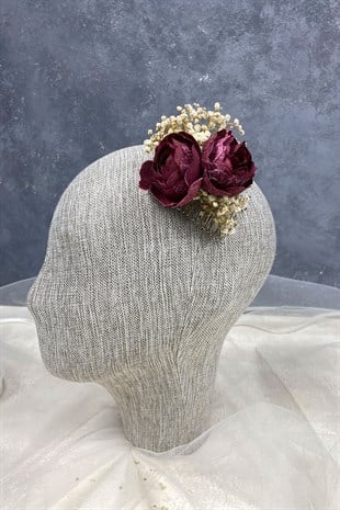 Bordo Şakayık Çiçekli Cipsolu Taraklı Saç Tokası