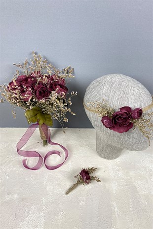 Bordo Şakayık Çiçekli Deniz Otlu Gelin Buketi Tacı ve Yaka Çiçeği Seti