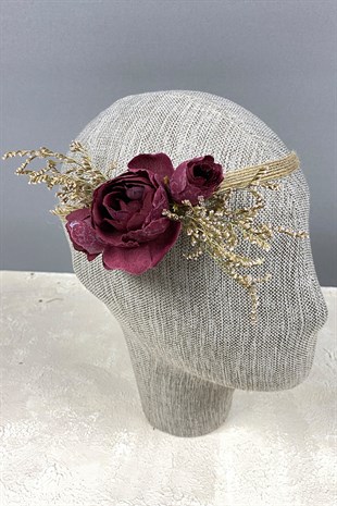 Bordo Şakayık Çiçekli Deniz Otlu Gelin Buketi Tacı ve Yaka Çiçeği Seti