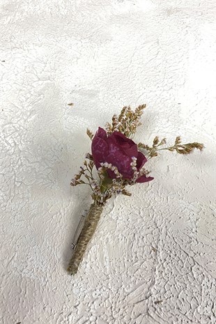 Bordo Şakayık Çiçekli Deniz Otlu Gelin Buketi Tacı ve Yaka Çiçeği Seti