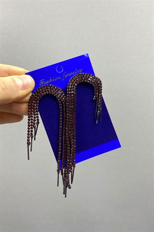Bordo Sallantılı Abiye Taşlı Küpe