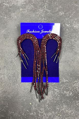 Bordo Sallantılı Abiye Taşlı Küpe