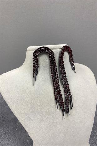 Bordo Sallantılı Abiye Taşlı Küpe