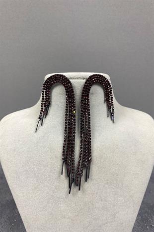 Bordo Sallantılı Abiye Taşlı Küpe