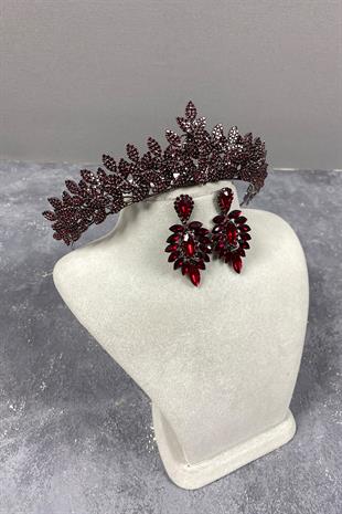 Burgundy Sara Henna Tiara and Stud Earrings Set
