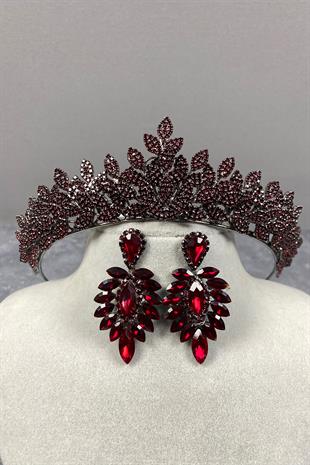 Burgundy Sara Henna Tiara and Stud Earrings Set