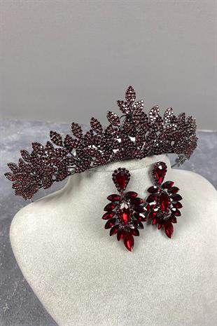 Burgundy Sara Henna Tiara and Stud Earrings Set