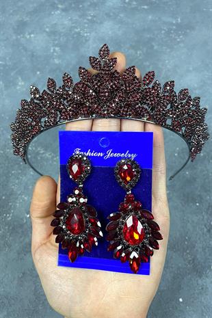 Claret Red Sara Henna Crown and Earring Set