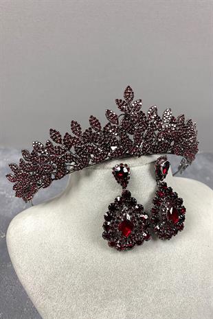 Claret Red Sara Bridal Henna Tiara and Drop Stone Earring