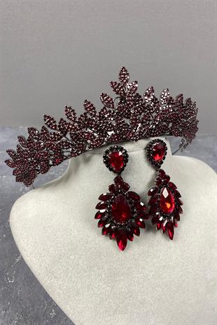 Claret Red Sara Henna Crown and Earring Set