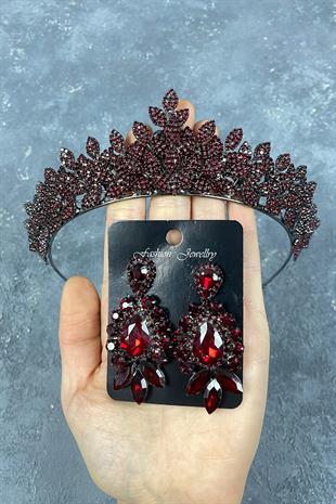 Burgundy Sara Bridal Henna Tiara and Earring with Dense Stones