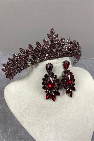 Burgundy Sara Bridal Henna Tiara and Earring with Dense Stones